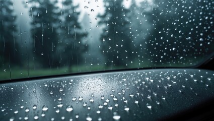 Rain and dew drops on the car window during rainfall. Dew is the moisture formed through condensation.