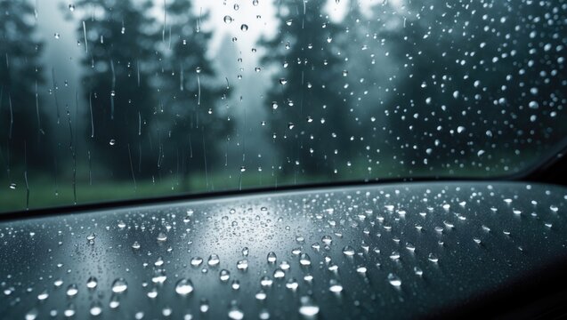 Rain and dew drops on the car window during rainfall. Dew is the moisture formed through condensation.