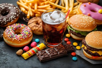 Unhealthy food including burgers donuts fries soda chocolate and candies on dark surface.