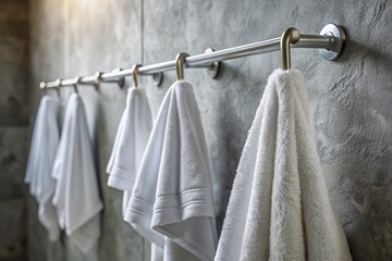 Crisp White Bath Towels Hanging on Hook Near Grey Wall
