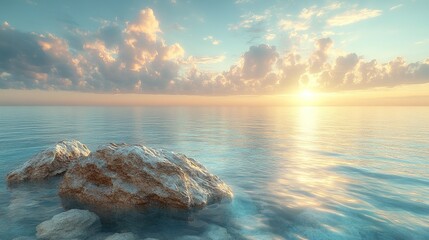Golden Hour Coastal Serenity: Sunlit Rocks & Radiant Clouds Reflected on Calm Ocean Surface