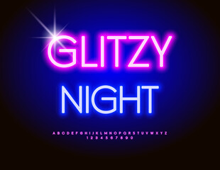 Vector Neon invitation Glitzy Night. Cool Blue Glowing Font. Trendy Led Light Alphabet Letters, Numbers and Symbols set