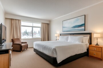 A spacious and comfortable bedroom with a large bed inside