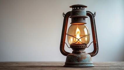 Antique kerosene lamp illuminated against a blurred background. Soft focus.
