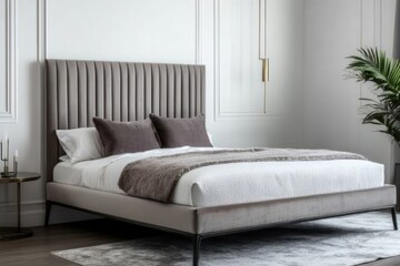 A modern bedroom showcases a bed with a tall textured headboard
