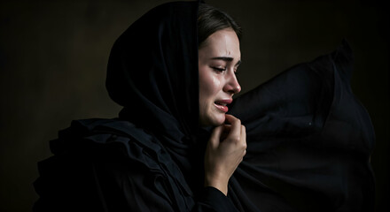 Crying woman in mourning attire.