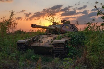 Fototapeta premium Tank in overgrown field at sunset or sunrise.