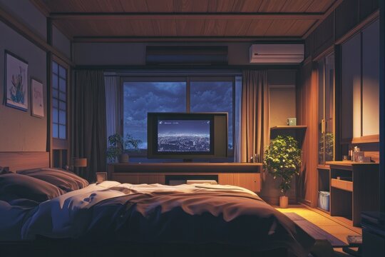 A peaceful illustration of a serene bedroom interior at night time