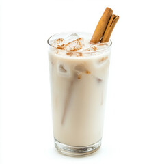 A close-up of a refreshing horchata, a Mexican rice drink, with cinnamon and vanilla flavors, served in a tall glass with ice, isolated on clean white background.