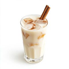 A close-up of a refreshing horchata, a Mexican rice drink, with cinnamon and vanilla flavors, served in a tall glass with ice and garnished with a cinnamon stick, isolated on clean white background.