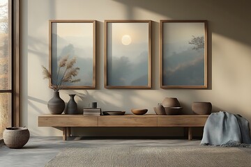 Serene Minimalist Living Room with Panoramic Landscape Prints