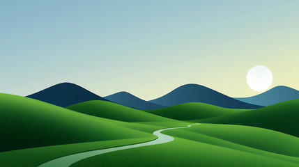 serene landscape featuring rolling green hills, winding river, and soft sunrise illuminating scene. tranquil atmosphere evokes peace and calm