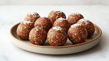 Delicious homemade date energy balls with shredded coconut on a ceramic plate