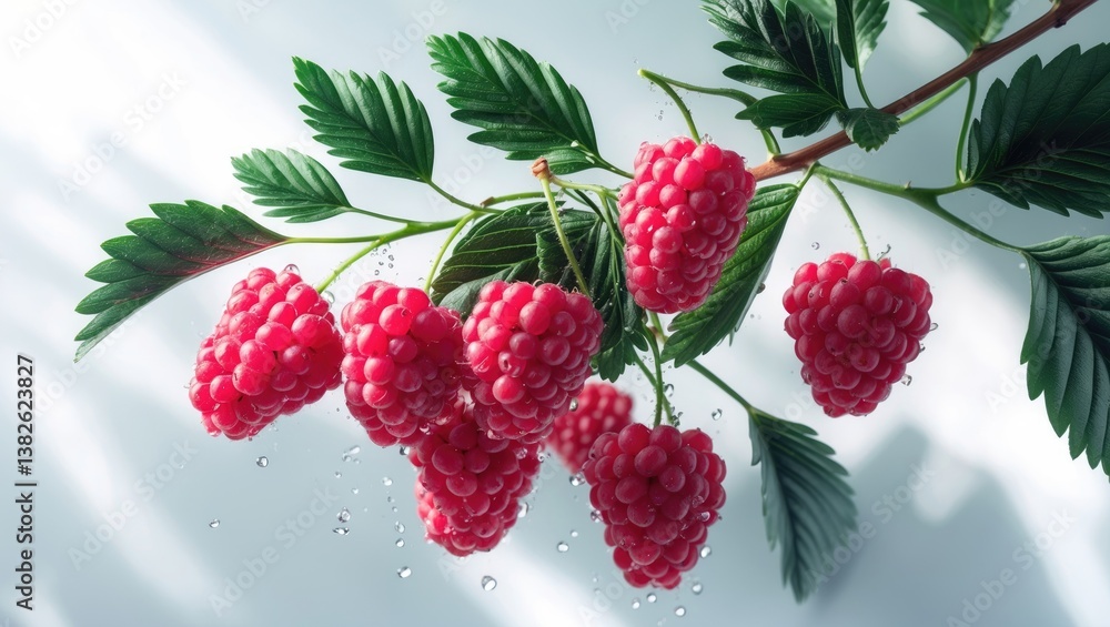 Poster raspberry branch with leaves isolated against a white backdrop.