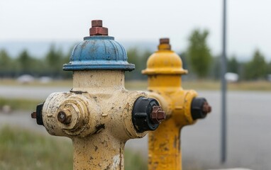 Fototapeta premium Weathered Yellow and Blue Fire Hydrants Outdoors
