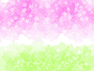 春の桜と花びらイメージのテクスチャー背景素材。桜並木と春の草木と桜吹雪が重なるイメージ。