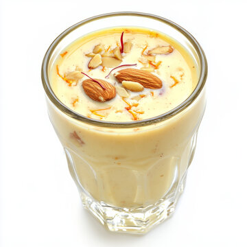 A glass of badam milk, with a creamy blend of almonds, milk, and spices, garnished with saffron strands and nuts, isolated on clean white background.