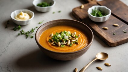 Pumpkin soup served in a bowl adorned with pumpkin seeds, green onions, and breadsticks against a light backdrop, viewed from above.