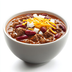 A bowl of hearty chili con carne, with tender chunks of beef, kidney beans, and a medley of spices, simmered in a rich tomato-based sauce, topped with shredded cheese and onions, isolated on clean