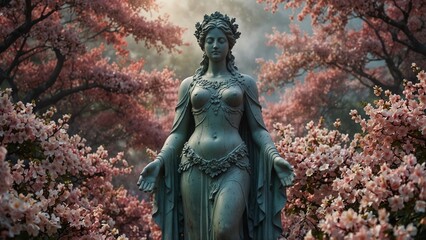 Fototapeta premium A statue of Floris, the flower-mist goddess, standing in a sea of blossoms, her form enveloped by fragrant colorful mist