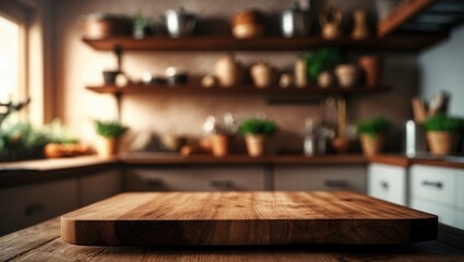 Wooden pedestal for decoration in free space. Kitchen interior featuring furniture. Natural light from the window. Brown wooden board and mockup backdrop. Empty space available for your products, i...