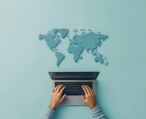 Exploring global connections through technology in a serene workspace setting with a world map above