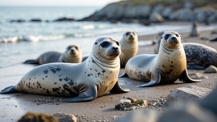 Fototapeta premium Alert Harbor Seals (Phoca vitulina) on the Shore
