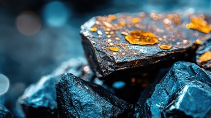 Close-up of shiny gold nuggets on dark rock background