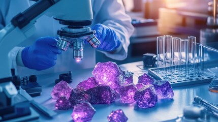 Scientist analyzing purple crystals under microscope in laboratory setting