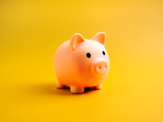 Modern cute pink piggy bank isolated on vivid yellow color background, minimal style. Savings money, sale profit, retirement, special expense, loan and business credit, banking and financial concepts.