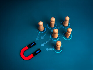 Digital marketing, target audience, attract leads and customers concept. Wood human symbols...