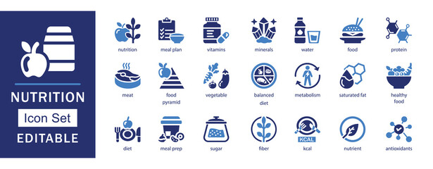 Nutrition icon set. Featuring vitamins, minerals, protein, diet, meal prep, healthy food, metabolism, and more. Ideal for health apps, diet plans, infographics, and nutrition-related projects.