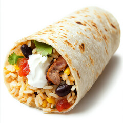 A close-up of a hearty burrito, filled with rice, beans, your choice of meat, cheese, salsa, and sour cream, wrapped in a warm flour tortilla, isolated on clean white background.