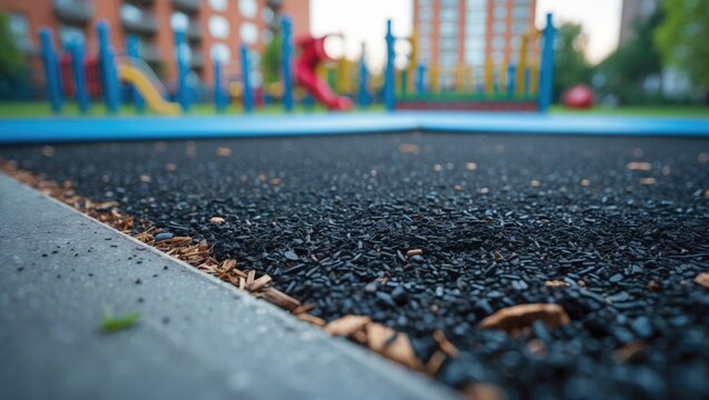 The divide between the mulch rubber playground and the sidewalk tiles. Transition to the area designated for sports and play. View of the yard with a blurred image.