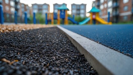 The boundary separating the mulch rubber playground from the sidewalk tiles. Transition to the recreation and playground area. Perspective of the yard's blurred image.