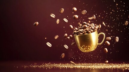 Golden coffee cup with floating coffee beans on brown background