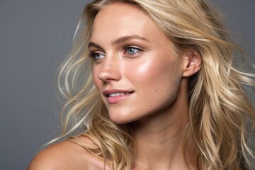 Fototapeta premium Blonde woman with glowing skin smiling Studio portrait of a smiling blonde woman with glowing skin, blue eyes, and natural makeup against a neutral gray background. 