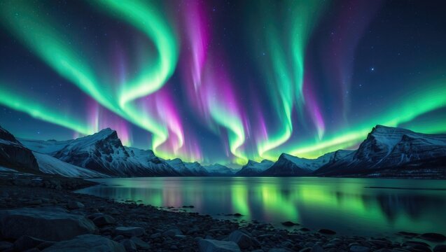 Night winter landscape with aurora borealis. Aurora. Green northern lights. Starry sky featuring polar lights, a reflective sea, and snowy mountains. Nature. Travel.