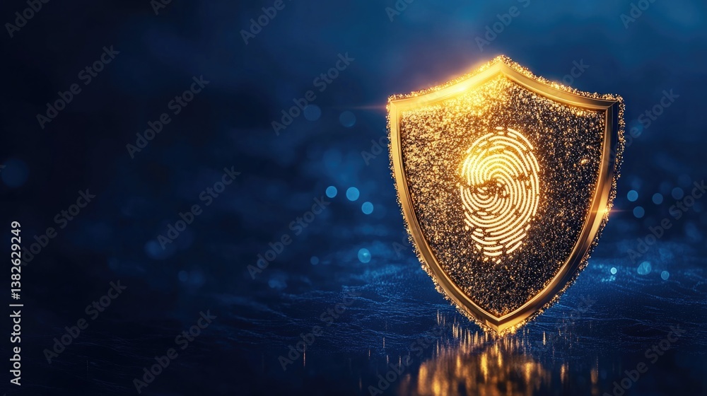 Poster golden shield with fingerprint inside and light sparks for digital security concept, personal id ver