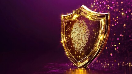 Golden shield with fingerprint for cyber safety. Personal data and identity protection against internet threats for cybersecurity company or antivirus software