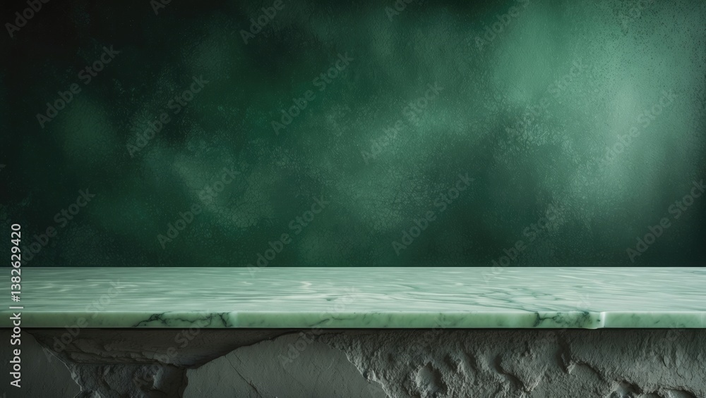 Poster empty marble table in the foreground and cement stone in the background with green light from above 