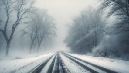 Obraz premium abstract winter road fog snow, landscape view in transportation