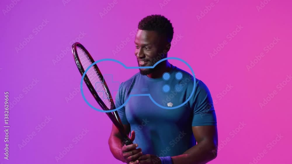 Aufkleber holding tennis racket, man with game controller animation on colorful background