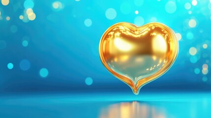 Golden heart on blue bokeh background symbolizing love and romance