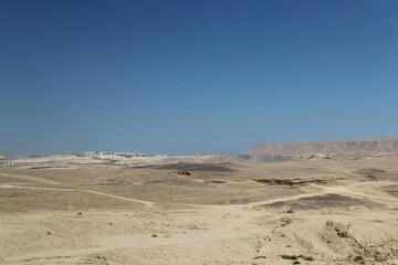 Desert scenery and Al Galala City on the road trip from Hurghada to Cairo, Egypt