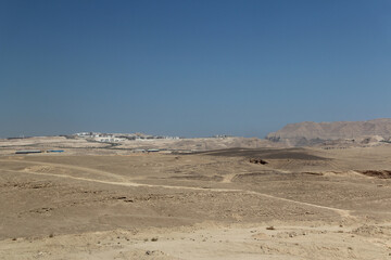 Desert scenery and Al Galala City on the road trip from Hurghada to Cairo, Egypt