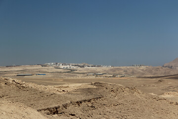 Desert scenery and Al Galala City on the road trip from Hurghada to Cairo, Egypt