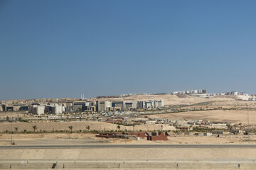 Desert scenery and Al Galala City on the road trip from Hurghada to Cairo, Egypt