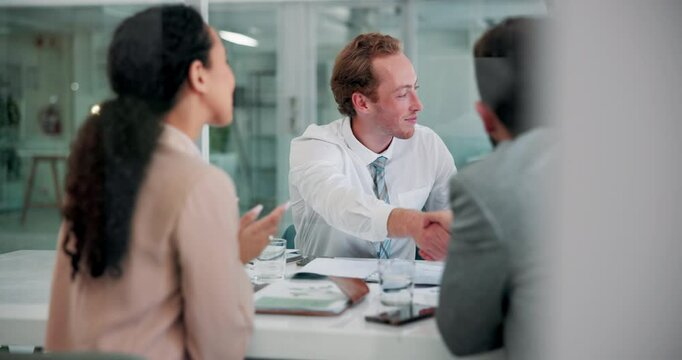 Handshake, success and business people in office, job interview and agreement with b2b deal. Employees, professional and recruitment with thank you, shaking hands and hiring with promotion and smile
