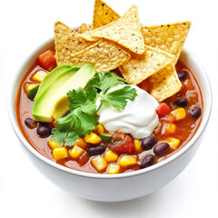 A bowl of vegetable and black bean chili, with tender vegetables, black beans, corn, and spices, simmered in a flavorful tomato-based broth, served with avocado, sour cream, and tortilla chips,